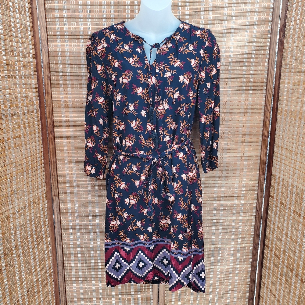 ♧ BeachLunchLounge Belted Floral Tunic Dress Size Small Black Gold Burgundy